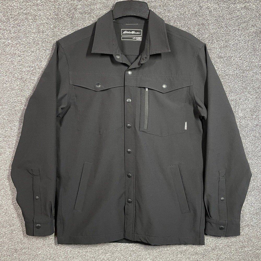Eddie Bauer Shirt Mens Small Classic Fit Black Long Sleeve Softshell Snap Front
